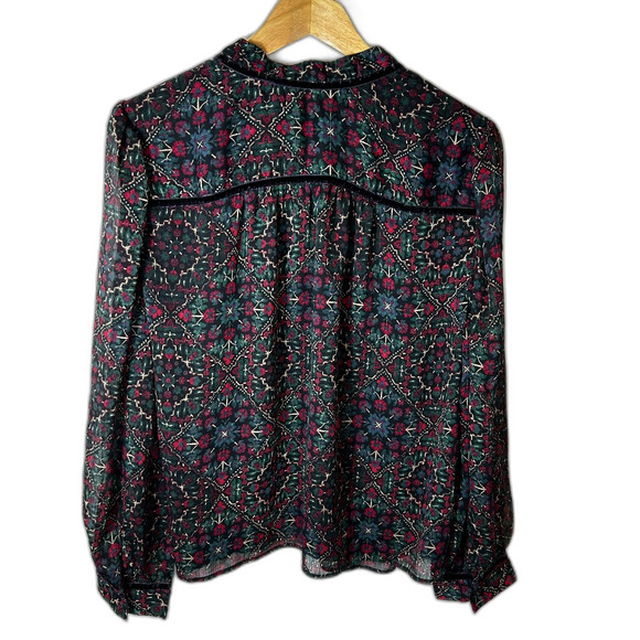 Loft Green Red Blue Floral Chiffon Velvet Trim V-Neck Sheer LS Blouse Size XXL - Picture 11 of 15